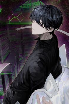 Rule 34 | 1boy, absurdres, aegyo sal, black eyes, black hair, black shirt, coat, coat partially removed, collared shirt, color connection, commentary request, hayu beck, highres, indoors, kim dokja, korean commentary, leaning back, library, looking at viewer, male focus, omniscient reader's viewpoint, open clothes, open coat, popped collar, railing, shirt, short hair, solo, white coat