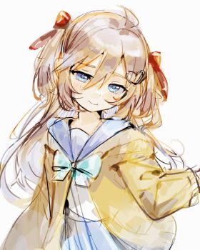 Rule 34 | 1girl, ahoge, ame0, blue eyes, blue sailor collar, blue skirt, bow, bowtie, brown hair, cardigan, closed mouth, commentary, green bow, green bowtie, hair between eyes, hair ornament, hair ribbon, heart, heart hair ornament, highres, long hair, neuro-sama, pleated skirt, red ribbon, ribbon, sailor collar, shirt, shirt tucked in, simple background, skirt, smile, solo, two side up, upper body, vedal ai, virtual youtuber, white background, white shirt, yellow cardigan