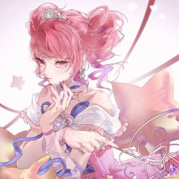 1girl absurdres arm_ribbon bare_shoulders brooch chinese_commentary choker closed_mouth colored_tips commentary_request cowboy_shot dress drill_hair earrings expressionless eyelashes flower_brooch frilled_sleeves frills hand_on_own_chin highres holding holding_wand infinity_nikki jewelry lipstick looking_at_viewer loose_hair_strand makeup miyouer multicolored_hair nail_polish nikki_(series) off-shoulder_dress off_shoulder petals pink_dress pink_eyes pink_hair pink_lips pink_nails pink_ribbon pointy_nose purple_choker purple_hair ribbon see-through_clothes see-through_sleeves short_hair short_sleeves short_twintails single_hair_intake solo star_(symbol) star_balloon star_earrings star_wand starlit_celebration_(infinity_nikki) tiara twin_drills twintails two-tone_hair wand white_background white_sleeves