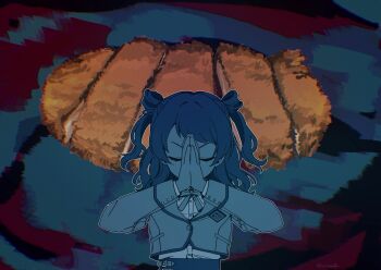 1girl bafarin blue_background closed_eyes commentary_request dissolution_(toshi_densetsu_kaitai_center) facing_viewer gakuen_idolmaster hanami_saki hands_up highres idolmaster jacket katsu_(food) long_hair long_sleeves neck_ribbon own_hands_clasped own_hands_together parody ribbon shirt solo toshi_densetsu_kaitai_center two_side_up upper_body