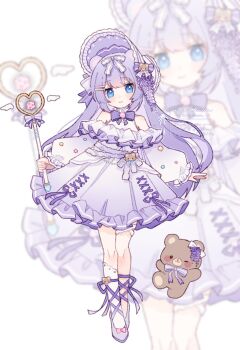 1girl ankle_lace-up bare_shoulders blue_eyes blurry blurry_background bonnet bow bowtie closed_mouth commentary commission cross-laced_clothes cross-laced_dress dress english_commentary full_body hair_ornament hairclip heart_wand highres holding holding_wand long_hair long_sleeves looking_at_viewer off-shoulder_dress off_shoulder original parallel_hairclips purple_bow purple_bowtie purple_dress purple_hair purple_shoes shoes simple_background single_sock smile socks solo standing twintails vgen_commission wand white_background white_bonnet white_socks yukomeow zoom_layer