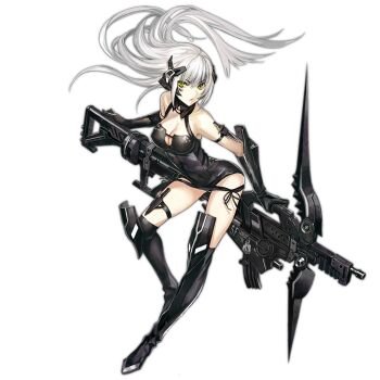 1girl arm_strap barcode black_gloves black_leotard black_socks bow bow_(weapon) breasts character_name cleavage_cutout clothing_cutout crossbow floating_hair full_body gager_(girls'_frontline) girls'_frontline gloves green_eyes gun headgear holding holding_crossbow holding_gun holding_weapon infukun knee_pads kneehighs knife knife_sheath large_breasts leaning_forward leotard long_hair looking_at_viewer official_art ornament panties parted_lips photoshop_(medium) sangvis_ferri sheath simple_background socks solo thigh_strap transparent_background underwear v-shaped_eyebrows very_long_hair weapon white_hair