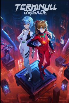 3girls artist_collaboration ayanami_rei blue_eyes blue_hair bodysuit breasts brown_hair character_request closed_mouth curvy hand_on_own_chest hand_on_own_hip highres interface_headset_(evangelion) logo looking_at_viewer mecha_pilot_suit multiple_girls neon_genesis_evangelion official_art outdoors plugsuit_(evangelion) red_bodysuit red_eyes shiny_clothes simple_background smile souryuu_asuka_langley standing terminull_brigade white_bodysuit wide_hips