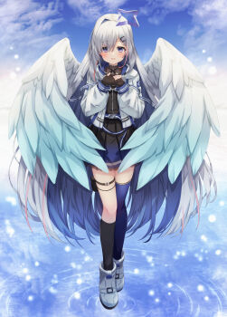 1girl absurdres alternate_hair_length_(longer) amane_kanata amane_kanata_(work) angel angel_wings ankle_boots aqua_wings asymmetrical_legwear belt black_dress black_gloves black_ribbon blue_hair blue_ribbon blue_sky blue_thighhighs blue_wings blush boots cloud colored_inner_hair commentary_request day dress eyelashes feathered_wings feathers full_body gloves gradient_clothes gradient_dress gradient_wings grey_hair hair_down hair_ornament hair_over_one_eye hairclip halo hands_up hat highres hololive hood hood_down hooded_jacket jacket jewelry kneehighs light_particles long_hair long_sleeves multicolored_hair multicolored_wings neck_ribbon necklace official_alternate_costume official_alternate_hairstyle open_clothes open_jacket own_hands_together parted_lips partially_fingerless_gloves pink_streaks pleated_dress puffy_long_sleeves puffy_sleeves purple_eyes revision ribbon ripples short_dress single_hair_intake single_kneehigh single_sock single_thighhigh sky smile socks solo standing streaked_hair swept_bangs thigh_strap thighhighs very_long_hair virtual_youtuber w_arms water white_boots white_jacket white_wings wings yukikawa_sara zipper zipper_pull_tab