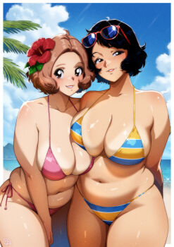 2girls absurdres bikini blush breasts cleavage curvy female_focus flower flower_on_head gravydood highres kawakami_sadayo large_breasts looking_at_viewer multiple_girls navel okumura_haru persona persona_5 plump short_hair sunglasses swimsuit thick_thighs thighs wide_hips