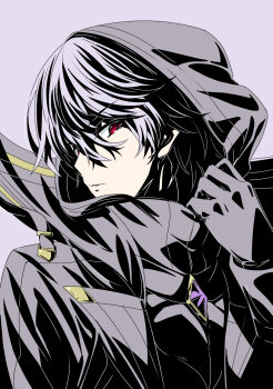 Rule 34 | 1boy, black gloves, black hair, black hood, cid kagenou, cid kagenou (shadow), gem, gloves, gold trim, hashtag-only commentary, highres, hood, hooded jacket, jacket, kage no jitsuryokusha ni naritakute!, looking at viewer, male focus, nakanishi kazuya, pulling own clothes, purple gem, red eyes, short hair, upper body