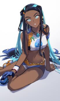 1girl ashita_kura bare_legs bare_shoulders belly_chain bikini black_hair blue_eyes blue_gloves blue_hair breasts commentary_request crop_top dark-skinned_female dark_skin dive_ball earrings eyeshadow feet_out_of_frame forehead gloves highres holding holding_poke_ball hoop_earrings jewelry light_blush long_hair looking_at_viewer makeup midriff multicolored_gloves multicolored_hair navel necklace nessa_(pokemon) nintendo partially_fingerless_gloves poke_ball pokemon shorts simple_background single_glove sitting sportswear swimsuit tankini two-tone_gloves two-tone_hair very_long_hair white_background white_mouth wristband yokozuwari