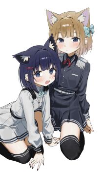 2girls absurdres all_fours animal_ear_fluff animal_ears black_nails black_thighhighs blue_eyes blue_hair blush bow bowtie breasts brown_hair commentary_request epaulettes fingernails grey_ribbon hair_ornament hair_ribbon hairclip highres long_sleeves looking_at_viewer looking_to_the_side miniskirt multiple_girls open_mouth original parallel_hairclips pleated_skirt red_bow red_bowtie ribbon school_uniform seiza shirt short_hair sidelocks simple_background sitting skirt syhan thighhighs turning_head white_background white_bow white_bowtie white_shirt white_skirt zettai_ryouiki