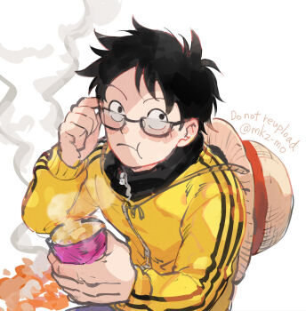 1boy adjusting_eyewear black_hair blush closed_mouth commentary_request eating facial_scar food glasses hat highres holding holding_food jacket long_sleeves looking_at_viewer male_focus mocchi_(mkz) monkey_d._luffy official_alternate_costume one_piece scar scar_on_cheek scar_on_face short_hair smoke solo straw_hat sweet_potato twitter_username unworn_hat unworn_headwear upper_body yellow_jacket zipper