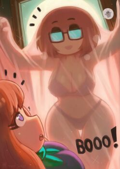 2girls blush bra breasts brown_hair cleavage daphne_blake doorway dress ghost_costume glasses green_neckerchief halloween halloween_costume hanna-barbera lace lace-trimmed_bra lace_trim large_breasts long_hair lying multiple_girls navel neckerchief open_mouth orange_hair panties purple_bra purple_dress purple_eyes purple_panties scooby-doo sheet_ghost short_hair smile sparkle speech_bubble spoken_ghost standing surprised teeth thick_thighs thighs tony_welt underwear velma_dinkley wide_hips