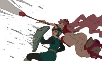 1boy 1girl aviator_cap aviator_goggles battle black_bodysuit blue_hat blue_tunic bodysuit boots capelet commentary_request d_d_work dragon_quest dragon_quest_ii furrowed_brow goggles goggles_on_head hat holding holding_shield holding_staff holding_sword holding_weapon hood hood_up long_hair open_mouth pink_boots pink_hair prince_of_lorasia princess_of_moonbrook red_capelet red_hood red_thighhighs robe shield staff sweatdrop sword thighhighs tunic weapon white_background white_robe