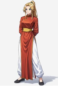 absurdres arms_behind_back blonde_hair blue_eyes changpao china_dress chinese_clothes dress fighting_stance highres kokoro_no_koibito kung_fu long_hair martial_arts monk original ponytail red_dress self-upload shaolin_monk solo standing training