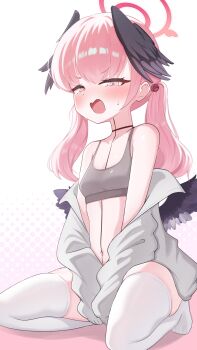 1girl black_wings blue_archive blush breasts commentary_request halo head_wings highres koharu_(blue_archive) korean_commentary open_mouth peeeeee5765 pink_eyes pink_hair small_breasts solo thighhighs twintails wings