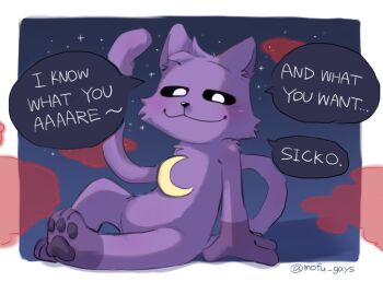 1boy animal_ears black_sclera cat_boy cat_ears cat_tail catnap_(poppy_playtime) colored_sclera commentary_request english_text furry furry_male looking_at_viewer male_focus mofu_gays moon pawpads poppy_playtime red_clouds sitting smile speech_bubble star_(sky) tail twitter_username white_eyes