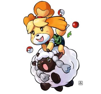 1girl animal_crossing animal_crossing:_new_leaf dog_girl full_body furry furry_female gen_8_pokemon green_vest isabelle_(animal_crossing) leaf nintendo open_mouth overlord_jc poke_ball poke_ball_(basic) pokemon pokemon_(creature) riding riding_pokemon sheep smile topknot vest wooloo yellow_fur