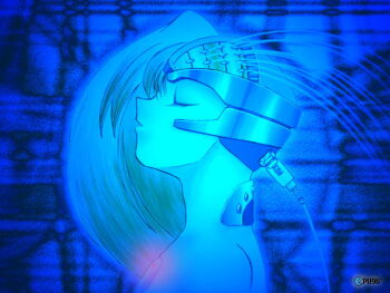 1girl android artist_name asymmetrical_hair bad_id blue_theme cable closed_eyes cpunit dated long_hair monochrome original parted_lips portrait profile science_fiction solo spot_color