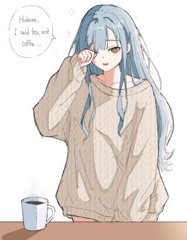 1girl aqua_hair bang_dream! bang_dream!_it's_mygo!!!!! chain's coffee coffee_mug collarbone cup english_text hair_down highres long_hair mug one_eye_closed open_mouth rubbing_eyes simple_background sleepwear sleepy solo sweater table togawa_sakiko upper_body white_background yellow_eyes