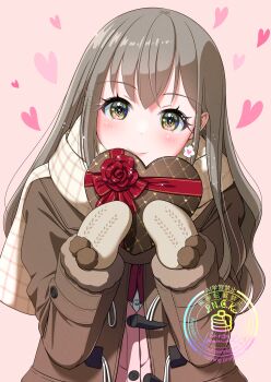 Rule 34 | 1girl, absurdres, box, brown coat, brown eyes, brown hair, brown mittens, brown scarf, cardigan, closed mouth, coat, commentary request, duffel coat, fur-trimmed sleeves, fur trim, gift, gift box, gingham scarf, gradient background, head tilt, heart, heart-shaped box, highres, holding, holding box, holding gift, long hair, long sleeves, looking at viewer, mittens, open clothes, open coat, original, pancake (pocket domori), pink background, pink cardigan, pom pom (clothes), scarf, school uniform, smile, solo, spoken heart, upper body, valentine, winter clothes