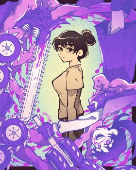 1boy 2girls absurdres akaiguarts battle blood breasts chainsaw chainsaw_devil chainsaw_man closed_mouth dress facial_scar gloves hair_bun highres intestines large_breasts looking_at_viewer mature_female mitaka_asa's_mother multiple_girls pinafore_dress scar scar_on_cheek scar_on_face scar_on_nose severed_head sharp_teeth shirt sleeveless sleeveless_dress teeth yoru_(chainsaw_man)