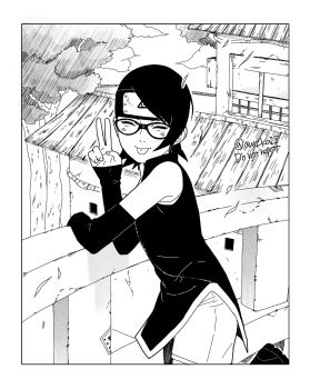 Rule 34 | 1girl, against railing, boruto: naruto next generations, closed eyes, detached sleeves, forehead protector, glasses, greyscale, headband, highres, monochrome, naruto (series), onka (aun ka28), railing, short hair, short shorts, shorts, sleeves past wrists, solo, standing, standing on one leg, tongue, tongue out, tree, twitter username, uchiha sarada, v