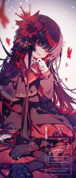 1girl black_dress black_hair black_pantyhose black_shoes bug butterfly colored_inner_hair crown dress finger_to_cheek flower gloves hair_flower hair_ornament half-closed_eyes highres hime_cut insect kasuga_haruhi long_hair looking_at_viewer magical_girl mahou_shoujo_no_majo_saiban multicolored_hair necktie nikaido_hiro pantyhose parted_lips red_butterfly red_eyes red_flower red_necktie rope shoes sitting smile solo twitter_username very_long_hair white_gloves
