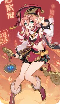 1girl antlers bad_source bare_shoulders black_bloomers black_bra bloomers boots bra breasts cleavage deer_antlers detached_sleeves genshin_impact green_eyes hand_up hat holding horns long_hair looking_at_viewer official_art open_mouth pink_hair red_boots red_hat small_breasts smile solo standing underwear yanfei_(genshin_impact)