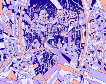 1girl absurdly_detailed_composition absurdres backpack bag branch building complex_exterior cylinder flat_color hebitsukai highres incredibly_absurdres limited_palette orange_hair orange_shirt orange_shoes orange_shorts original rectangle shadow shirt shoes short_hair shorts solo stairs surreal triangle very_wide_shot white_bag