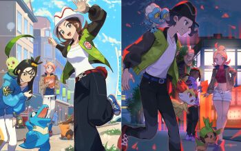 1girl 2boys absurdres ahoge baguette bell-bottoms belt bird black_hair black_hat blonde_hair blue_belt blue_eyes blue_hoodie blue_shirt bread breasts brown_eyes brown_hair brown_jacket building chespin chikorita closed_eyes closed_mouth colored_sclera crop_top cropped_shirt cube_hair_ornament dark-skinned_male dark_skin day earclip fangs fennekin fletchling food fox froakie gen_2_pokemon gen_5_pokemon gen_6_pokemon gradient_hair green_jacket grey_eyes grin hair_bun hair_ornament harmony_(pokemon) hat highres holding hood hood_down hoodie hsin jacket leaf leggings lida_(pokemon) long_hair long_sleeves looking_at_viewer lumiose_city midriff multicolored_hair multiple_boys multiple_girls naveen_(pokemon) navel night night_sky nintendo on_shoulder open_clothes open_jacket open_mouth orange_leggings outdoors pants paxton_(pokemon) pink_hair pokemon pokemon_(creature) pokemon_legends:_z-a pokemon_on_shoulder prism_tower red_eyes red_shirt ribbed_shirt sharp_teeth shirt shoes short_hair shorts sky smile spritzee striped_hat tail taunie_(pokemon) teeth tepig topknot totodile tree turtleneck two-tone_legwear urbain_(pokemon) white_hat white_jacket white_leggings white_shirt white_shorts wispy_bangs yellow_sclera