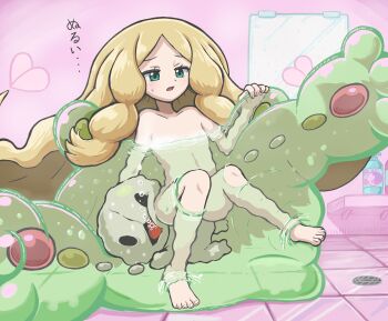 1girl air_bubble barefoot blonde_hair bubble caitlin_(pokemon) collarbone commentary_request eyelashes flat_chest gen_5_pokemon green_eyes hand_up heart highres knees loli long_hair looking_down nintendo nude open_mouth parted_bangs pokemon pokemon_(creature) pokemon_bw pokephilia reuniclus revision sidelocks takamame tile_floor tiles toes translation_request