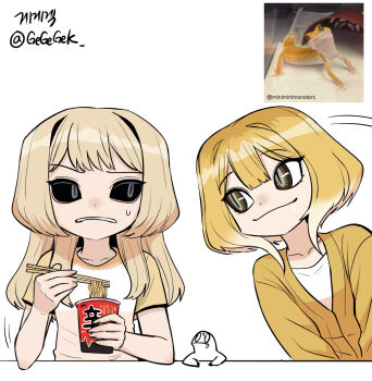 2girls artist_name artist_self-insert black_sclera blonde_hair bob_cut brown_eyes chopsticks closed_mouth collarbone colored_sclera creature_and_personification instant_cup_noodles food gecko gegegekman gradient_hair highres holding holding_chopsticks instant_cup_noodles instant_noodles jacket leaning_to_the_side leopard_gecko leopard_gecko_(gegegekman) lizard looking_at_another multicolored_hair multiple_girls noodles original parted_lips personification photo_inset reference_inset reptile_girl saliva shirt short_sleeves signature slit_pupils smile sweatdrop white_background white_shirt yellow_jacket
