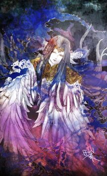 1girl bird_wings black_hair black_lips commentary_request copyright_name curtained_hair feathered_wings final_fantasy final_fantasy_xiv head_wings long_hair ruka_(blueplus84) solo the_endsinger white_wings wings yellow_eyes