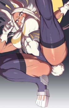 Rule 34 | 1girl, animal ears, boku no hero academia, breasts, brown eyes, commentary request, covered abs, covered navel, crescent print, dark-skinned female, dark skin, forehead, from below, gloves, grin, heattech leotard, highleg, highleg leotard, highres, incoming attack, kicking, large breasts, leotard, long eyelashes, long hair, looking at viewer, mirko, muscular, muscular female, parted bangs, purple thighhighs, rabbit ears, rabbit girl, rabbit tail, red eyes, sleeveless, sleeveless turtleneck, smile, solo, spread legs, tail, taut leotard, teeth, thick thighs, thighhighs, thighs, turtleneck, white gloves, white hair, white leotard, yana (nekoarashi)