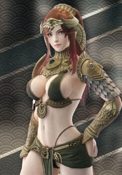 1girl 3d absurdres ancient_egyptian ancient_egyptian_clothes arm_at_side armor bikini_armor black_panties breasts brown_hair cleavage cowboy_shot eyelashes female_focus forehead_protector gorget green_eyes hand_on_own_hip headdress highleg highleg_panties highres jewelry kingdom_under_fire large_breasts lips loincloth long_hair looking_at_viewer midriff navel original panties patterned_background pauldrons pelvic_curtain ponytail primrose_egypt ryanreos scale_armor seigaiha shoulder_armor shoulder_pads sideboob sidelocks smile solo standing striped_background thong underwear vambraces