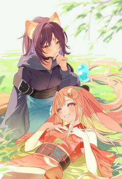 2girls absurdres animal_ears arm_support bare_shoulders black_choker blonde_hair blurry blurry_foreground blush breasts cherry_blossom_print cho_913 cho_kaguya-hime! choker closed_mouth commentary_request crescent crescent_hair_ornament floral_print green_eyes hair_ornament hair_spread_out hand_to_own_mouth hands_on_own_chest highres hood hood_down hoodie japanese_clothes kaguya_(cho_kaguya-hime!) kimono long_hair long_sleeves looking_at_another lying medium_breasts medium_hair multiple_girls on_back pink_kimono purple_hair rabbit_ears sakayori_iroha small_breasts smile yellow_eyes