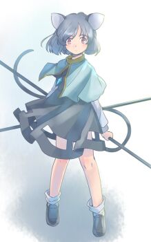 1girl animal_ears black_shoes capelet commentary_request dowsing_rod dress expressionless full_body grey_background grey_capelet grey_dress grey_hair holding_tool jewelry knees light_blush long_sleeves mouse_ears mouse_girl mouse_tail nazrin necklace one-hour_drawing_challenge pendant rangycrow red_eyes shirt shoes short_hair skirt_cutout socks solo tail touhou white_shirt white_socks