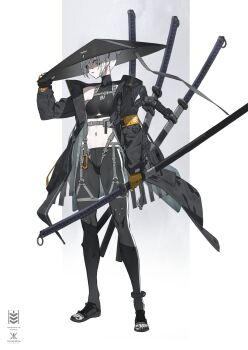1girl black_gloves black_hat black_jacket black_nails black_pants black_sandals breasts carabiner closed_mouth fingerless_gloves full_body gloves grey_eyes hat highres holding holding_sword holding_weapon jacket jingasa looking_at_viewer multiple_swords nail_polish navel neco ootachi open_clothes open_jacket original pants sandals solo standing sword toenail_polish toenails two-tone_gloves weapon white_hair yellow_gloves