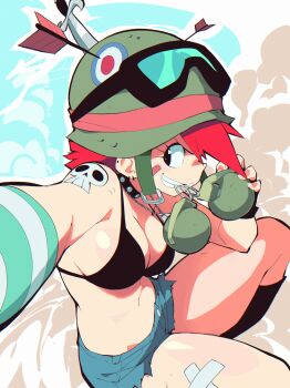 Rule 34 | absurdres, aetherion, arrow (projectile), black bra, black choker, bra, breasts, choker, cleavage, combat helmet, denim, denim shorts, dust cloud, ear piercing, explosive, fingerless gloves, foster's home for imaginary friends, frankie foster, gloves, grenade, grenade pin in mouth, helmet, highres, holding, holding grenade, kneehighs, long bangs, looking to the side, mouth hold, navel, piercing, red hair, shorts, skull tattoo, socks, striped clothes, tattoo, teeth hold, thighs, underwear