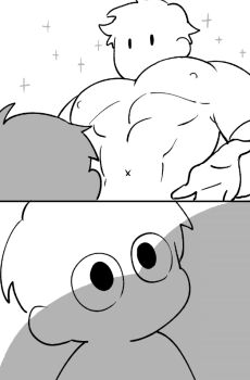 2boys abs awestruck bara beckoning blank_eyes boob_shadow_(meme) chibi from_below greyscale large_pectorals male_focus meme monochrome multiple_boys muscle_awe muscular muscular_male nipples original outstretched_hand pectorals protected_link reaching reaching_towards_viewer sequential shaded_face short_hair sibi2028 sparkle stomach upper_body wide-eyed x_navel yaoi