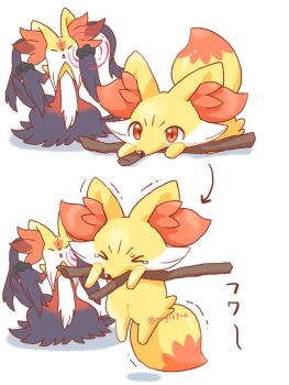 &gt;_&lt; animal_ear_fluff animal_ears arrow_(symbol) black_fur broom broom_riding closed_eyes closed_mouth delphox fennekin floating floating_object fox fox_ears furry gen_6_pokemon kana_(maple926) mega_delphox mega_pokemon multicolored_fur nintendo open_mouth pokemon pokemon_(creature) pokemon_focus red_eyes red_fur simple_background snout telekinesis white_fur yellow_fur