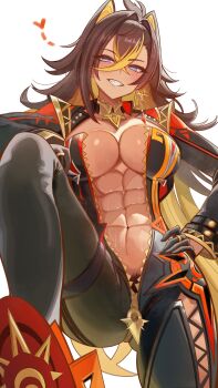 Rule 34 | 0nineo9, 1girl, abs, absurdres, black bodysuit, black gloves, black jacket, blonde hair, blue eyes, bodysuit, breasts, brown hair, cleavage, commentary, cosplay, cropped jacket, crossed bangs, dark-skinned female, dark skin, dehya (genshin impact), detached collar, earrings, english commentary, female pubic hair, genshin impact, gloves, gold trim, grin, hair between eyes, hair intakes, highres, jacket, jewelry, large breasts, long hair, long sleeves, looking at viewer, mavuika (genshin impact), mavuika (genshin impact) (cosplay), multicolored hair, navel, neck ring, pubic hair, pubic hair peek, smile, solo, streaked hair, thighs, toned, toned female