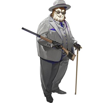 1boy arknights azling cane formal_clothes full_body furry grey_hat grey_suit gun hat holding holding_cane holding_gun holding_weapon male_focus necktie official_art owl_boy paganini_(arknights) purple_necktie rifle simple_background solo standing suit sunglasses tachi-e third-party_source transparent_background weapon