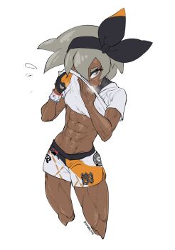 1girl abs bea_(pokemon) black_bow bob_cut bow bow_hairband cel_shading clothes_pull cowboy_shot crosshatching dark-skinned_female dark_skin from_above gloves grey_eyes hairband hatching_(texture) looking_at_viewer muscular muscular_female nintendo patterned_clothing pokemon pokemon_swsh sanchezisfine shirt shirt_pull short_eyebrows short_hair short_shorts shorts silver_hair solo sweat sweatdrop t-shirt undershirt white_background white_shirt white_shorts wiping_sweat wiping_with_clothes wristband