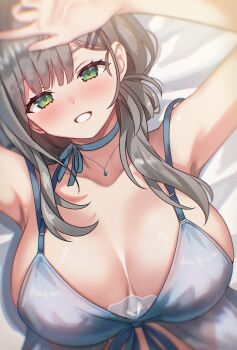 1girl absurdres babydoll bed_sheet blue_babydoll blue_choker breasts choker cleavage commentary green_eyes grey_hair grin hair_ornament hairclip highres hololive kumarang large_breasts long_hair looking_at_viewer lying official_alternate_costume official_alternate_hairstyle on_back parallel_hairclips parted_bangs ribbon_choker shirogane_noel shirogane_noel_(9th_costume) smile solo virtual_youtuber