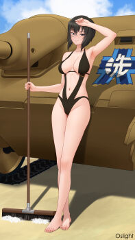 1girl absurdres arm_up armpits arms_up artist_name bare_legs barefoot bikini black_bikini black_hair black_one-piece_swimsuit black_slingshot_swimsuit blue_sky breasts broom brown_eyes brown_hair cleavage closed_mouth cloud collarbone day emblem feet full_body girls_und_panzer groin highres holding holding_broom jagdpanzer_38(t) kawashima_momo large_breasts legs looking_at_viewer medium_hair military_vehicle monocle motor_vehicle navel one-piece_swimsuit ooarai_(emblem) oslight outdoors short_hair sky slingshot_swimsuit smile soap_bubbles solo standing swimsuit tank toes