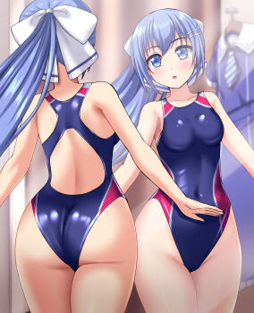 1girl :o absurdres ass back_cutout blue_eyes blue_hair blue_one-piece_swimsuit blurry blurry_background blush breasts cleavage clothing_cutout commentary_request commission competition_swimsuit covered_navel crotch_seam depth_of_field fitting_room hair_ornament hair_ribbon hairclip highres indoors looking_at_viewer one-piece_swimsuit original partial_commentary pixiv_commission ponytail reflection ribbon school_uniform small_breasts solo standing swimsuit unworn_clothes white_ribbon zanntetu