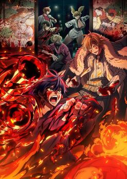 1girl 5boys ahoge angry antenna_hair arm_up black_eyes black_hair black_mask black_shirt blonde_hair blood blood_on_arm blood_on_clothes blood_on_face blood_on_hands blue_eyes breasts cleavage fighting_stance fire gloves hand_up hands_up ichinose_shiki jacket kougasaki_jin large_breasts long_hair looking_at_another looking_at_viewer momokusa_yomogi momomiya_tsubakiri mudano_naito multiple_boys necktie official_art oiranzaka_kyouya open_mouth orange_hair pants red_necktie red_shirt shirt skirt smile tougen_anki twintails very_long_hair white_gloves white_jacket white_pants white_shirt white_skirt yellow_eyes