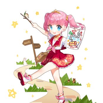 1girl aged_down akane_garnet ankle_boots aqua_eyes boots bow bowtie branch footwear_bow grass holding holding_branch holding_map map multicolored_boots pink_bow pink_bowtie pink_hair plaid_clothes plaid_skirt rabbit red_boots red_sailor_collar red_skirt road sailor_collar salt_(salty) shirt short_hair short_sleeves skirt squirrel star_(symbol) twintails uchi_no_hime-sama_ga_ichiban_kawaii walking white_boots white_shirt