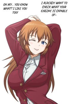 1girl absurdres blue_eyes blush breasts brown_hair charlotte_e._yeager confession hattorin highres large_breasts long_hair looking_at_viewer one_eye_closed smile solo strike_witches upper_body wink world_witches_series