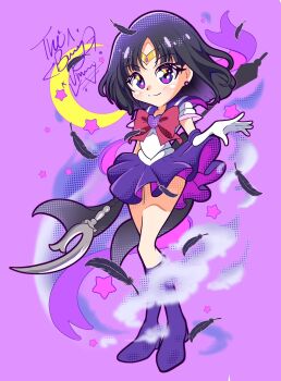 1girl back_bow bishoujo_senshi_sailor_moon black_feathers black_hair blunt_ends boots bow bowtie brooch crescent earrings elbow_gloves falling_feathers feathers glaive_(polearm) gloves happynaru23 heart heart_brooch highres jewelry medium_hair parted_bangs pleated_skirt polearm purple_boots purple_eyes purple_sailor_collar purple_skirt red_bow red_bowtie sailor_collar sailor_saturn shirt silence_glaive skirt smile solo stud_earrings super_sailor_saturn tomoe_hotaru weapon white_gloves white_shirt