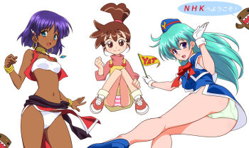 00s 1990s_(style) 3girls aqua_eyes bandeau blush bob_cut bracelet breasts broadcaster_connection brown_hair covered_erect_nipples dark-skinned_female dark_skin domo-kun earrings fushigi_no_umi_no_nadia hair_ornament hairclip haruno_kasumi hat hoop_earrings itoji jewelry kasumin light_smile long_hair midriff multiple_girls nadia_la_arwall navel neck_ring necklace nhk nhk_(broadcaster) nhk_ni_youkoso! open_mouth panties pantyshot pelvic_curtain pennant ponytail purple_eyes purple_hair retro_artstyle short_hair simple_background sitting small_breasts smile strapless striped_clothes striped_panties tenjouin_katsura topknot trait_connection translated tube_top underwear uniform vest white_background wind wind_lift yat_anshin_uchuu_ryokou
